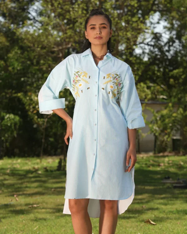 Sun Meadow Shirt Dress – Hand-Embroidered Cotton Elegance