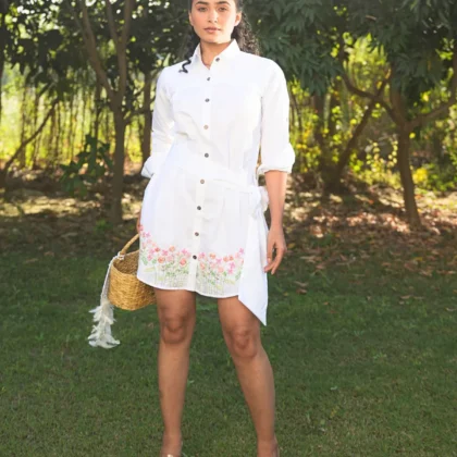 Meadow Hem Shirt Dress – Hand-Embroidered White Cotton Dress