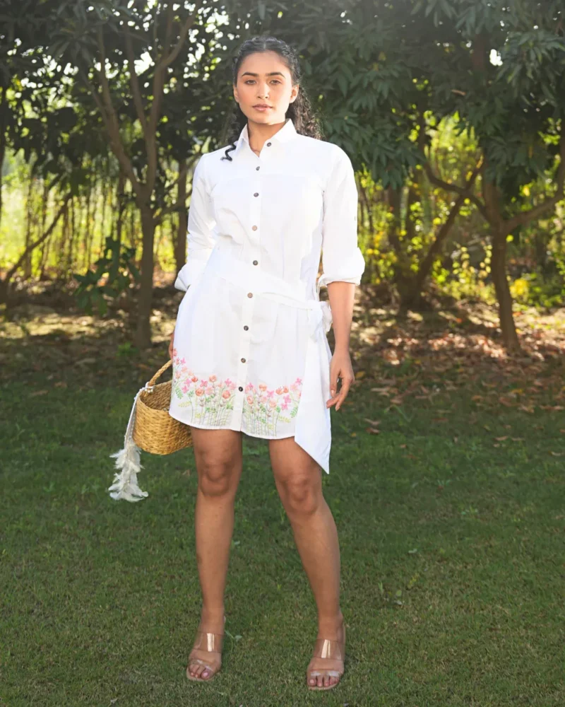 Meadow Hem Shirt Dress – Hand-Embroidered White Cotton Dress