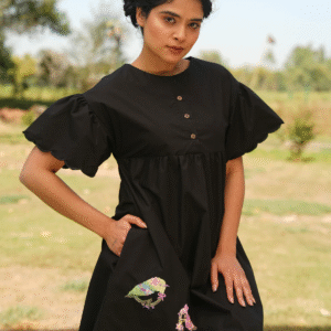 Black Cotton Dress with Hand-Embroidered Birds – Bold & Artisanal