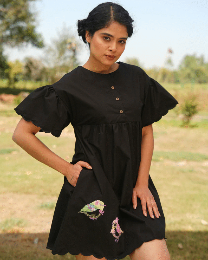Black Cotton Dress with Hand-Embroidered Birds – Bold & Artisanal