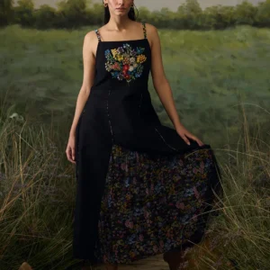 Hand-Embroidered Black Boho Floral Dress – Artisan-Made Unique Summer Outfit