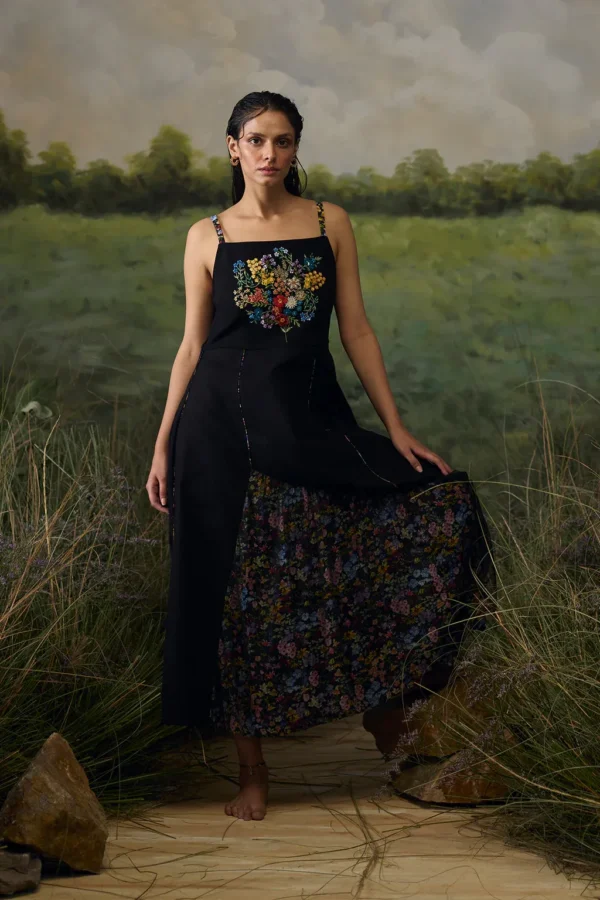 Hand-Embroidered Black Boho Floral Dress – Artisan-Made Unique Summer Outfit