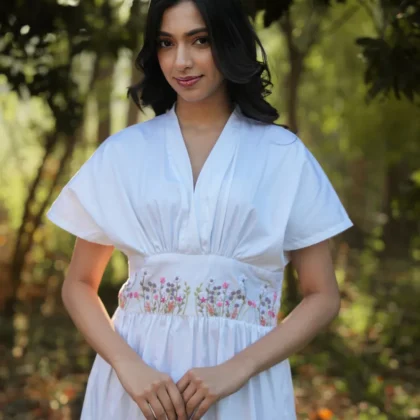 White Cotton Dress with Hand-Embroidered Floral Waist – Ethically Made