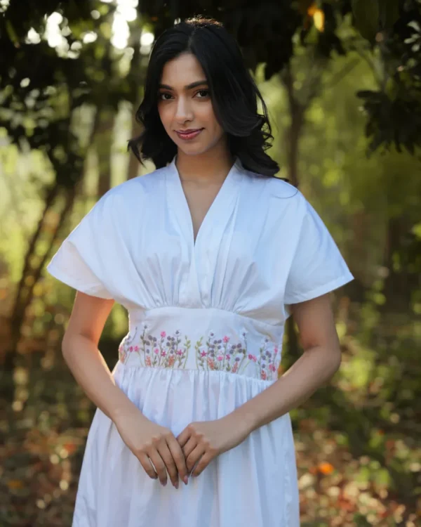 White Cotton Dress with Hand-Embroidered Floral Waist – Ethically Made