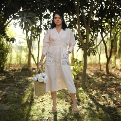Forest Whisper – Hand-Embroidered Cotton Midi Dress with Pockets