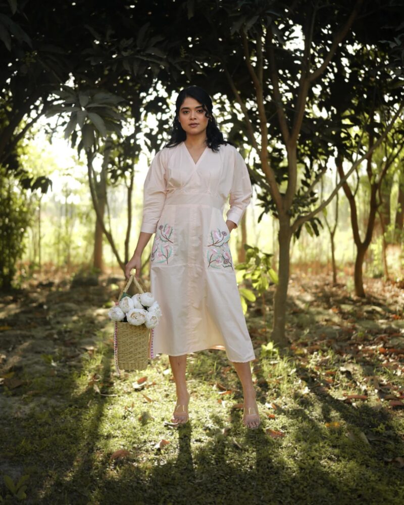 Forest Whisper – Hand-Embroidered Cotton Midi Dress with Pockets