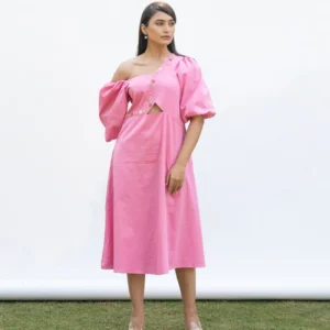 Wild Rose – Hand-Embroidered Pink One-Shoulder Cotton Midi Dress