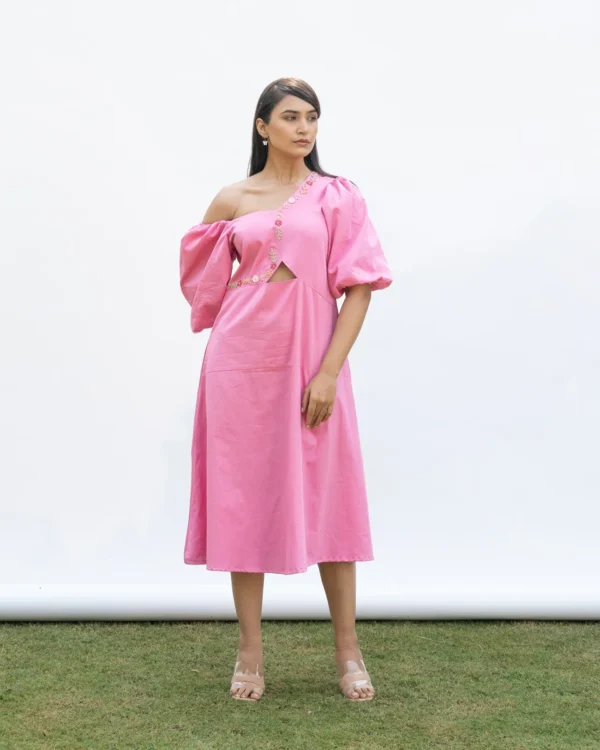 Wild Rose – Hand-Embroidered Pink One-Shoulder Cotton Midi Dress
