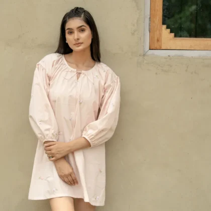 Blush Bloom – Hand-Embroidered Cotton Mini Dress