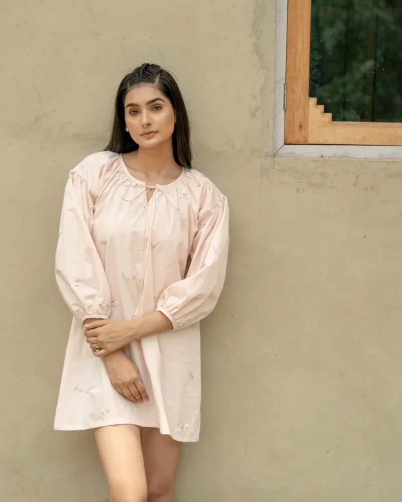 Blush Bloom – Hand-Embroidered Cotton Mini Dress
