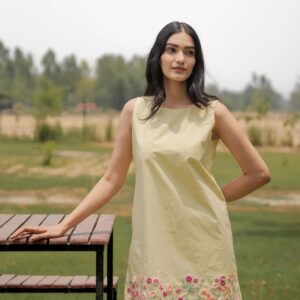 Sleeveless Yellow Dress with Hand-Embroidered Floral Hem