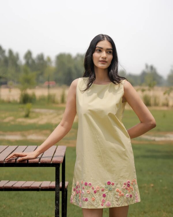 Sleeveless Yellow Dress with Hand-Embroidered Floral Hem