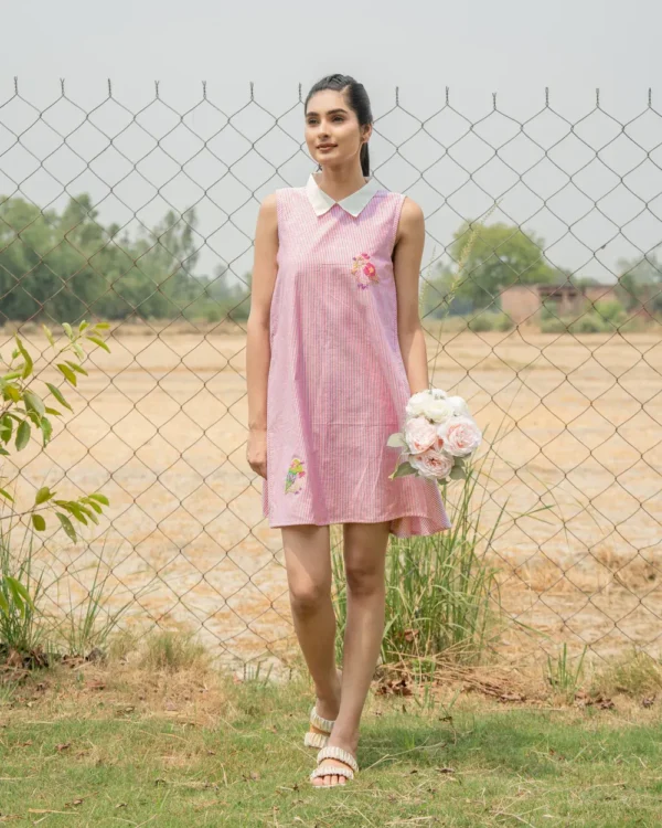 Blush Petal – Hand-Embroidered Pink Cotton Mini Dress
