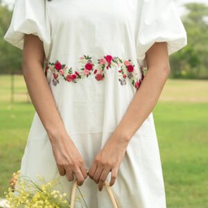Hand-Embroidered Floral Dress in White Cotton – Modern Heritage Wear