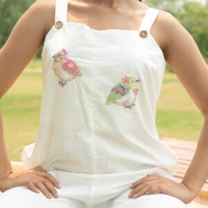Hand-Embroidered Bird Jumpsuit in White Cotton – Artisan Luxury