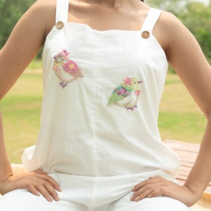 Hand-Embroidered Bird Jumpsuit in White Cotton – Artisan Luxury