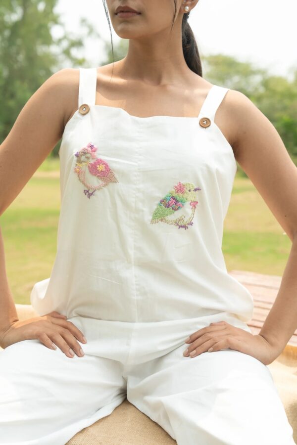 Hand-Embroidered Bird Jumpsuit in White Cotton – Artisan Luxury
