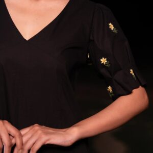 Handcrafted Black Midi Dress with Floral Embroidery