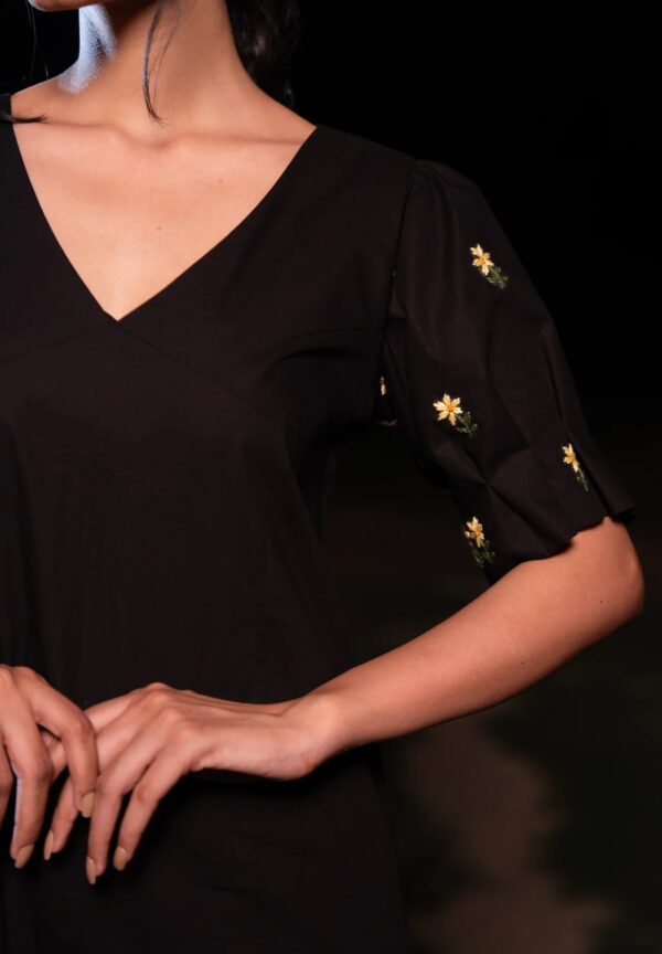 Handcrafted Black Midi Dress with Floral Embroidery