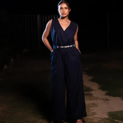 Midnight Bloom – Hand-Embroidered Navy Cotton Dress