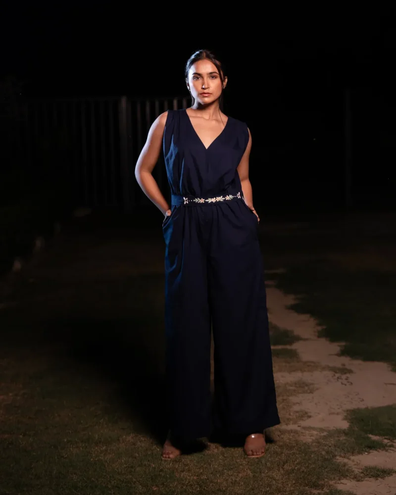 Midnight Bloom – Hand-Embroidered Navy Cotton Dress